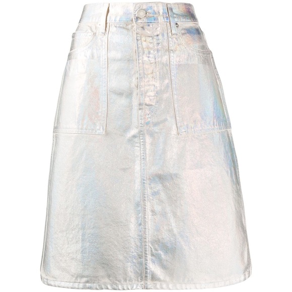 HELMUT LANG Iridescent Coated-denim High Waist Tailored Hip Silver Skirt - Picture 2 of 11